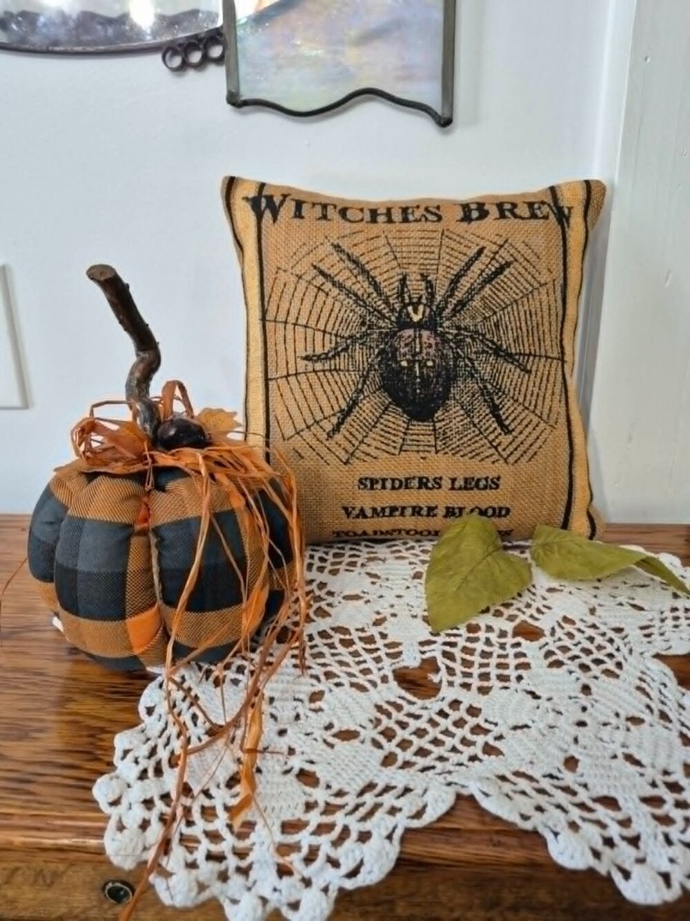 Halloween Pillow Spider and Handmade Pumpkin with found items